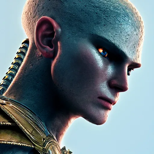 Image similar to hyperrealistic portrait of a beautiful armored male warrior, fantasy, stunning 3d render + perfect facial symmetry + dim volumetric lighting, 8k octane beautifully detailed render, post-processing, extremely hyperdetailed, intricate, epic composition, grim yet sparkling atmosphere, cinematic lighting + masterpiece, trending on artstation