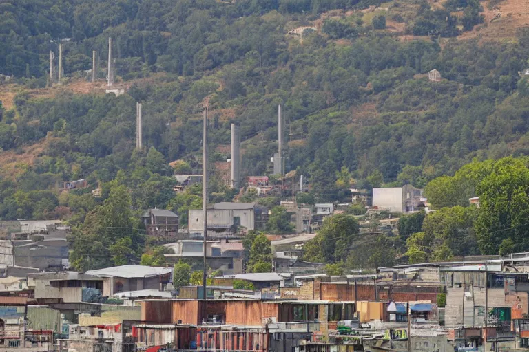 Prompt: looking down street, warehouses lining the street. hills background with trees and radio tower on top. telephoto lens compression.