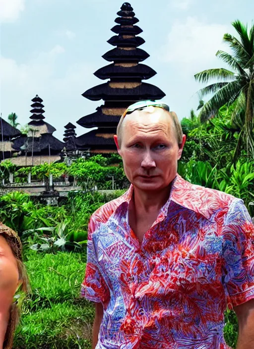 Prompt: vladimir putin wearing batik bali in bali. temple background. front view. instagram holiday photo shoot, perfect faces, corrected faces, 2 5 mm, award winning photography