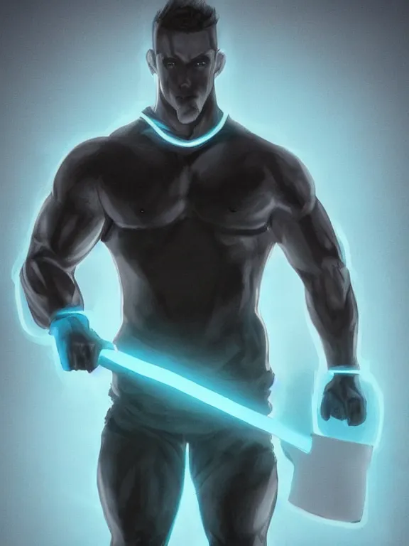 Prompt: portrait art of a muscular man with light blue skin and glowing eyes, wearing a dark blue outfit with now sleeves, fingerless gloves, black shoes. He is carrying a large shovel!!!!!!. around his neck is a glowing light blue vial, 8k ultra realistic , lens flare, atmosphere, glow, detailed, intricate, full of colour, cinematic lighting, trending on artstation, 4k, hyperrealistic, focused, extreme details, unreal engine 5, cinematic, masterpiece