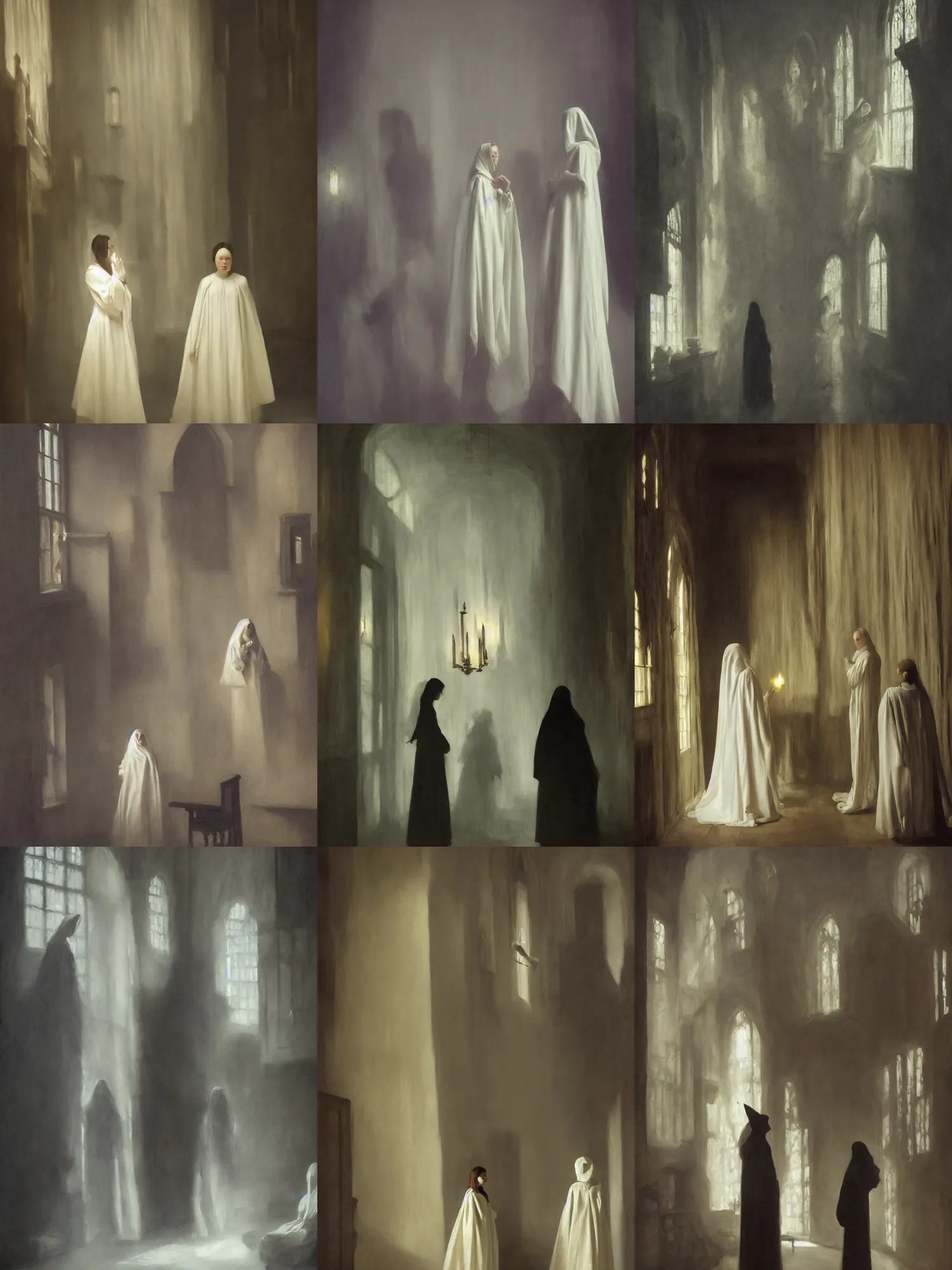 Prompt: medium shot, painting of white blurry ghostly human figures, dark academia aesthetic, Hogwarts, magic vibes, soft lighting, by John Ward, by Arthur Walker, by Vermeer, by Monet, oil on canvas, Royal Academy, masterpiece, trending on artstation, cinematic composition, dramatic pose, beautiful lighting, sharp