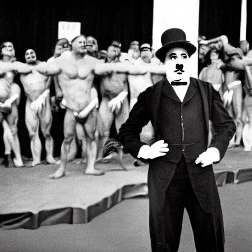 Prompt: A photo of a Charlie Chaplin posing at a bodybuilding contest, high quality