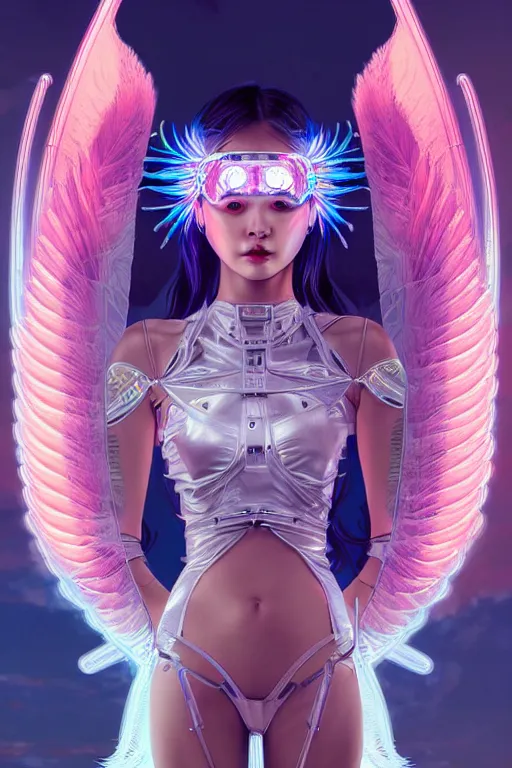 Image similar to portrait futuristic angel Girl with halos and wings and feathers and armor, in future cyberpunk tokyo rooftop , ssci-fi, fantasy, intricate, very very beautiful, elegant, human anatomy, human structure, neon light, highly detailed, digital painting, artstation, concept art, smooth, sharp focus, illustration, art by tian zi and WLOP and alphonse mucha