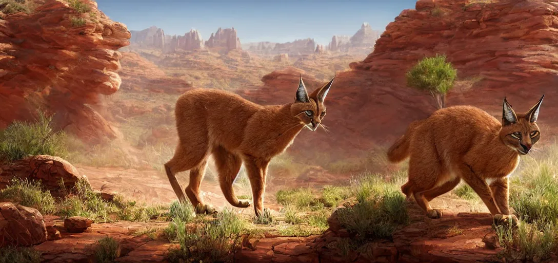 Image similar to cute caracal in beautiful utah desert, rock arcs, lush vegetation, landscape, alex ross, eddie mendoza, raphael lacoste, sebastian ludke, concept art, matte painting, highly detailed, rule of thirds, dynamic lighting, cinematic, detailed, magnificiant landscape, denoised