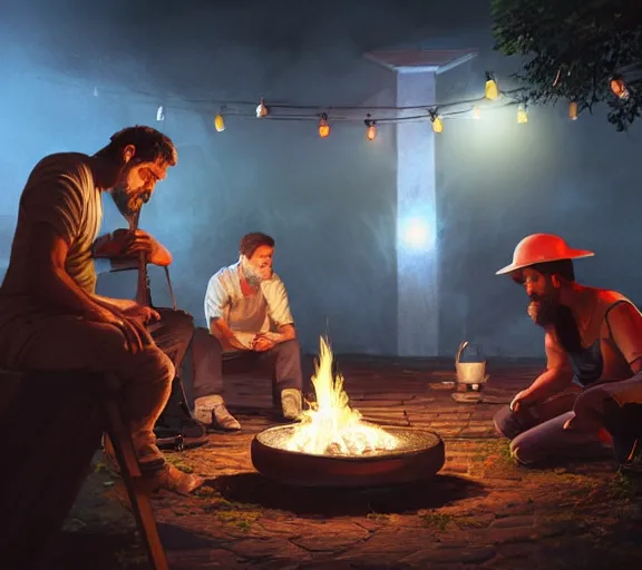 Prompt: three guys in night at the yard speaking while grilling kebabs and one guy playing guitar, volumetric lighting, glowing lights, 4k, octane, digital painting, artstation, concept art, sharp focus, illustration, cinematic film still, art by artgerm and greg rutkowski and alphonse mucha ,