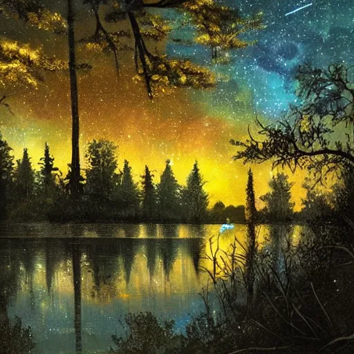 Image similar to lake, trees, night, fireflies glowing above water, painting, concept art,