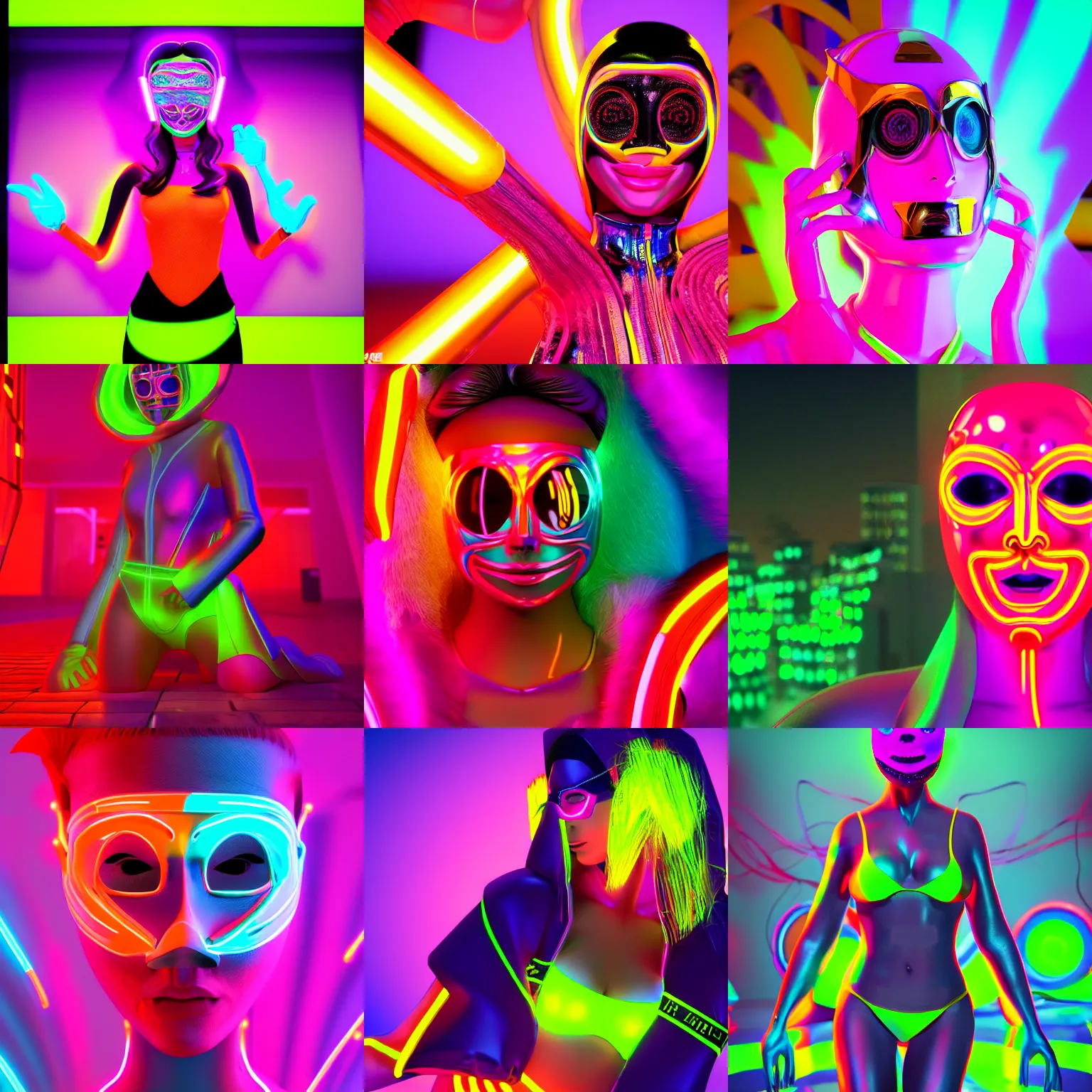 Prompt: Masked Maiden in neon robes, Y2K aesthetic, vivid and vibrant hues, 3d render, rendered in Arnold, Hyperdetailed, stylized