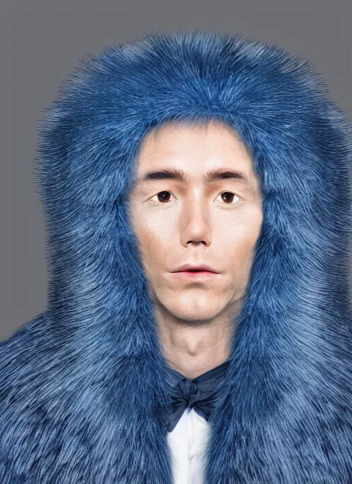 Image similar to a blue-skinned man wearing a fur coat, illustration, head shot, close up