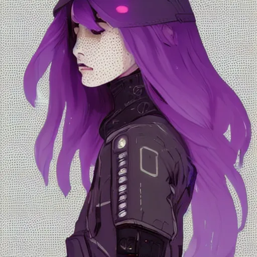 Prompt: Highly detailed portrait of a cyberpunk young lady with, freckles and cool hair by Atey Ghailan, by Loish, by Bryan Lee O'Malley, by Cliff Chiang, inspired by image comics, inspired by graphic novel cover art, inspired by nier!! Gradient purple, silver, black and white color scheme ((grafitti tag brick wall background)), trending on artstation