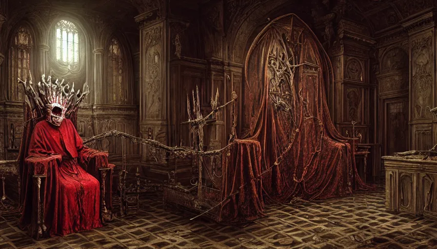 Prompt: the rotting pope sits on a throne in the library, blood, religion, death, fear, horror, ultra realistic, hyperrealism, fine details, detailed and intricate environment, by barlowe, by wayne, by gigger, r