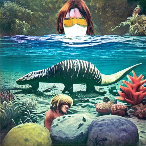 Image similar to nirvana nevermind album cover with a spinosaurus