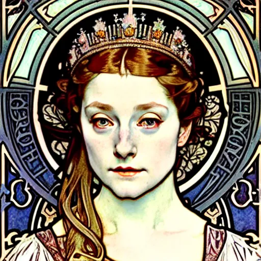 Prompt: realistic detailed face portrait of beautiful young Queen Elizabeth Tudor in the style of Alphonse Mucha by Alphonse Mucha, Ayami Kojima, Yoshitaka Amano, Charlie Bowater, Greg Hildebrandt, Jean Delville, Adam Hughes, Karol Bak, and Mark Brooks, Art Nouveau, Gothic Revival, Pre-Raphaelite, exquisite fine details, William Morris botanicals, deep rich moody colors