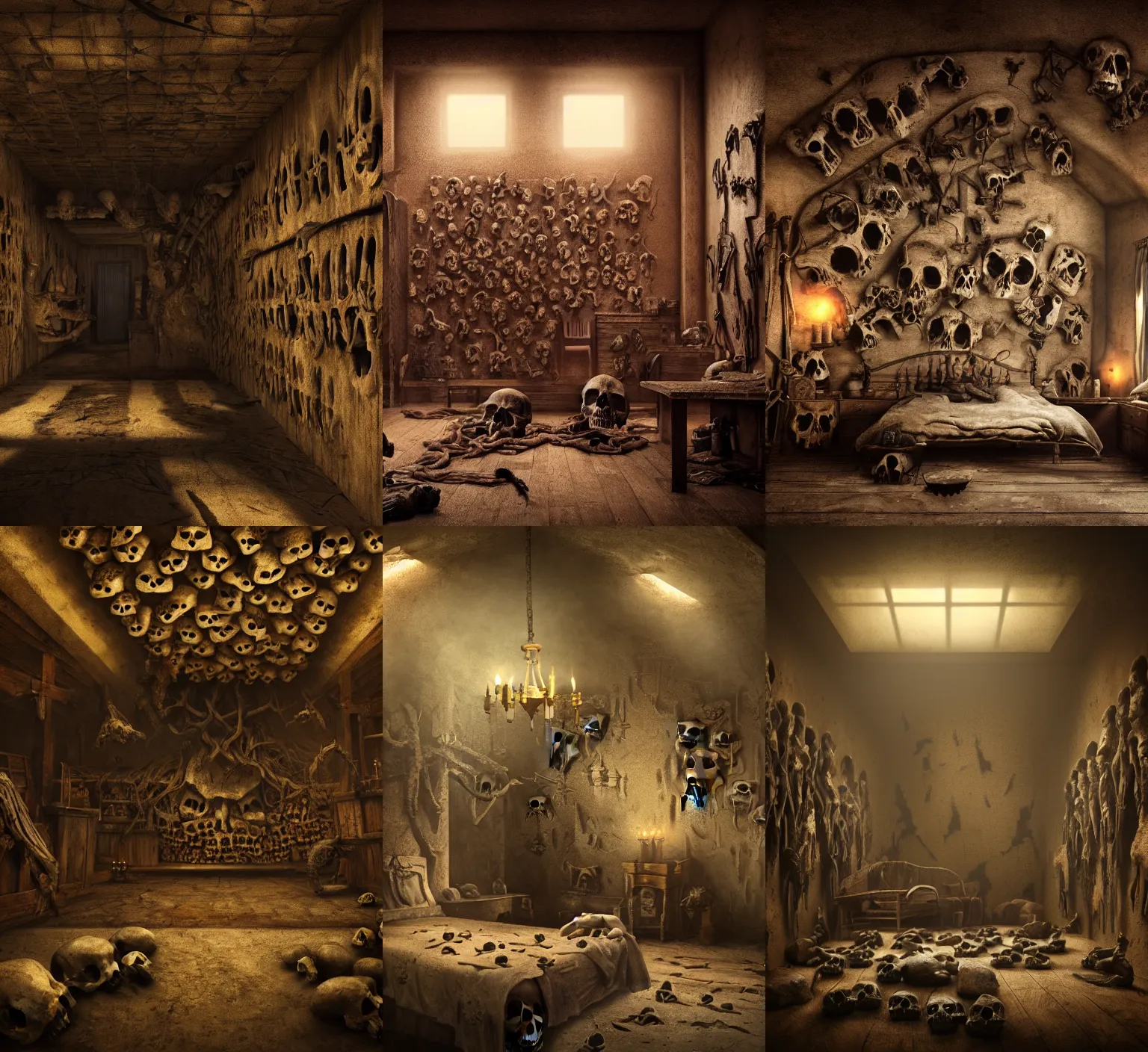 Prompt: creepy cinematic low angle shot of a realistically rendered rustic room and a wall of skulls, matte painting, illustration, dramatic lighting, moody lighting, dark colors, golden ratio, rule of thirds, environmental design, cinematic perspective, 8 k, realistic lighting, realistic shading, octane render, in the style of lawrence g paull production design