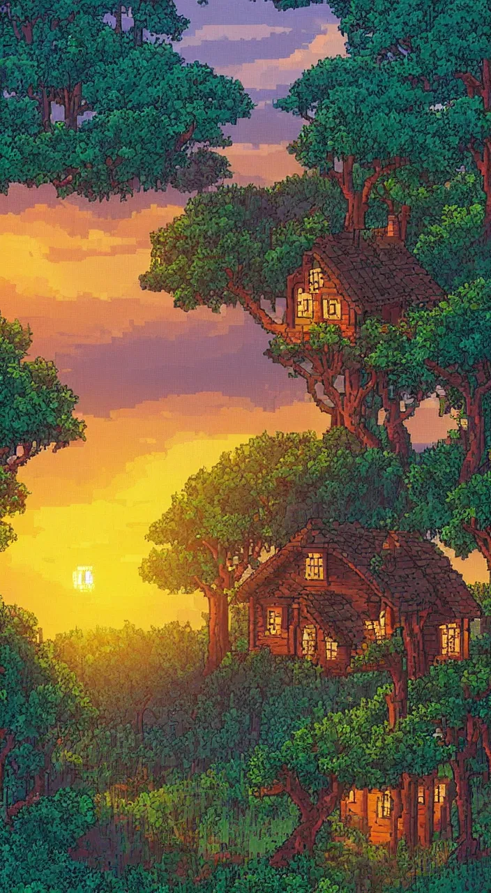 Prompt: a dreamy sunset in the big forest with houses in pixelart style, highly detailed, illustration