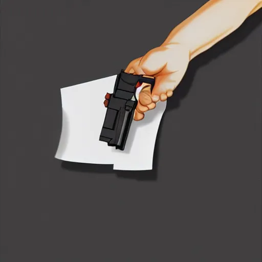 Prompt: a hand holding a gun is poking out from a folded piece of paper, concept art, anime, 4 k.