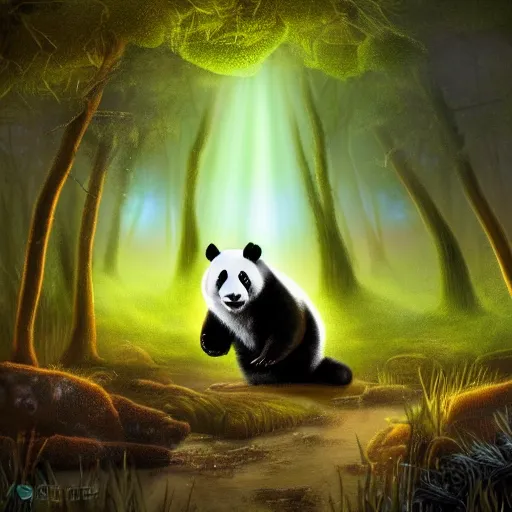 Prompt: a panda in the forest of bioluminescent mushroom ,realistic ,magical forest, 8k , digital art ,