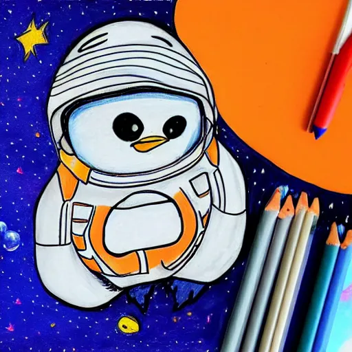 Image similar to cute drawing of a penguin on an astronaut suit, helmet on, floating on space, cartoon disney style, solid color