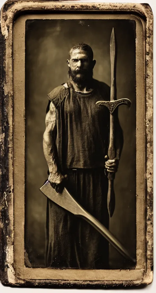 Image similar to a highly detailed wet plate photograph, a portrait of an executioner holding an axe