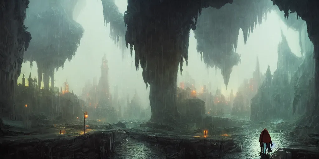 Prompt: a fantasy city within a dark cavern, rainy and gloomy atmosphere, viewed from afar, extremely detailed oil painting, unreal 5 render, rhads, bruce pennington, studio ghibli, tim hildebrandt, digital art, octane render, beautiful composition, trending on artstation, award - winning photograph, masterpiece