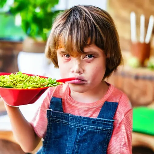 Prompt: kid with long hair and a mustache eating vegetable fried rice