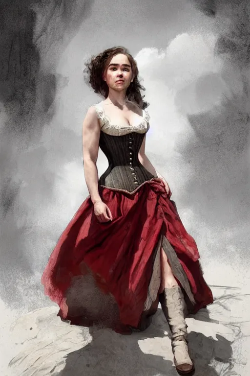 Image similar to Emilia Clarke in a 1800s American Corset in Red Dead Redemption anatomy, only two hands, highly detailed, digital painting, artstation, concept art, smooth, sharp focus, illustration, Unreal Engine 5, 8K, art by art by artgerm and greg rutkowski and edgar maxence