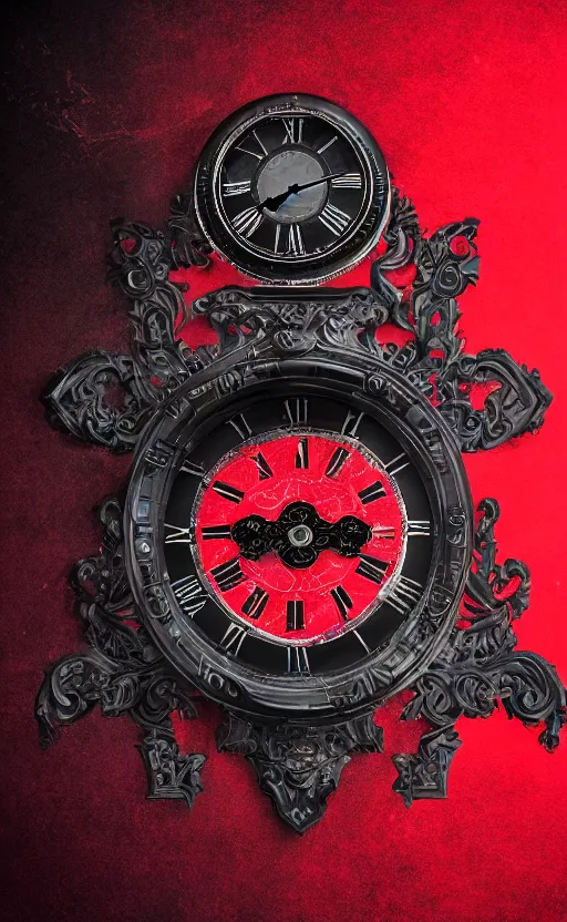 Image similar to a melting Roman numeral clock, behind a red and black gradient background, awith a black heart shaped on the top left corner and a black diamond card shape in the bottom right corner, dynamic lighting, photorealistic fantasy concept art, trending on art station, stunning visuals, cinematic, creative, ultra detailed