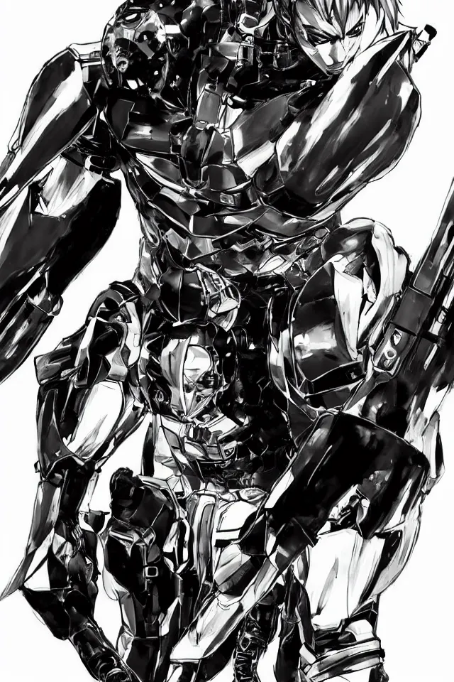 Image similar to a full - body portrait of cyborg ninja oda nobunaga, in yoji shinkawa's art style, metal gear solid art style, highly detailed, 4 k, artistic, white background, b & w