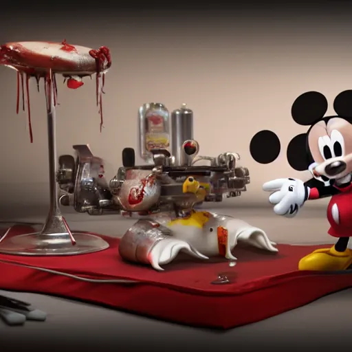 Image similar to mickey mouse, dissected by a group of network executives, on an operating table, octane render, cgstation, 3 d render, very detailed, mindblowing, blood and guts, gritty, cyberpunk