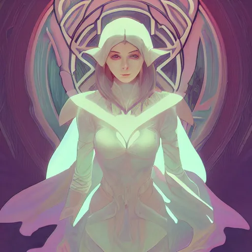 Image similar to Female elf cleric, ambient lighting, 4k, alphonse mucha, lois van baarle, ilya kuvshinov, rossdraws, artstation