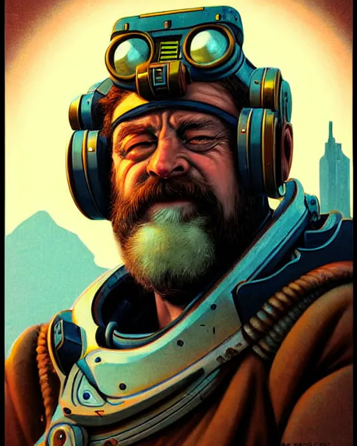 Image similar to torbjorn from overwatch, character portrait, portrait, close up, concept art, intricate details, highly detailed, vintage sci - fi poster, retro future, vintage sci - fi art, in the style of chris foss, rodger dean, moebius, michael whelan, and gustave dore