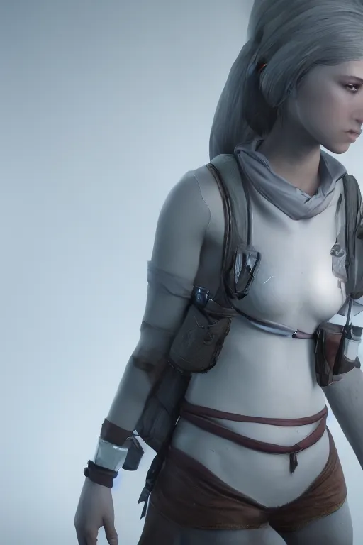 Prompt: fotorealistic 16K render cgsociety of April the female character from videogame The Longest Journey photorealism full body white ambient!