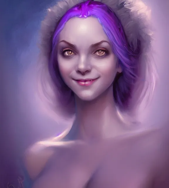 Prompt: cute female tiefling smiling wearing pale purple halter top, perfect face, blue hair, abs, cinematic, blush, stunning, elegant, highly detailed, psychedelic, digital painting, artstation, smooth, hard focus, illustration, art by jessica rossier and and brian froud
