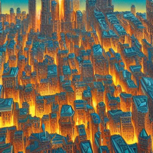 Image similar to a city on fire, tall buildings, extreme detail, abstract realism, highly ornate intricate details, 1 9 2 0's colored pencil, 4 k, cinematic lighting,