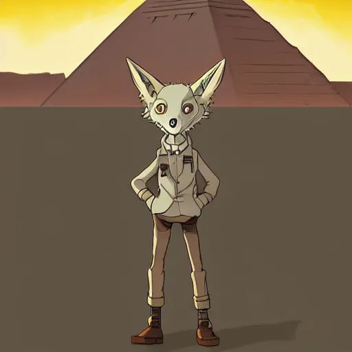 Prompt: a study of cell shaded cartoon of a mechanized grey jackal from howl's moving castle ( 2 0 0 4 ), in front of pyramids on a desert road, full body, wide shot, very muted colors, post grunge, studio ghibli, laurie greasley, highly detailed, deviantart, art by artgem