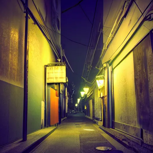 Image similar to osaka alleyway at night, volumetric lighting