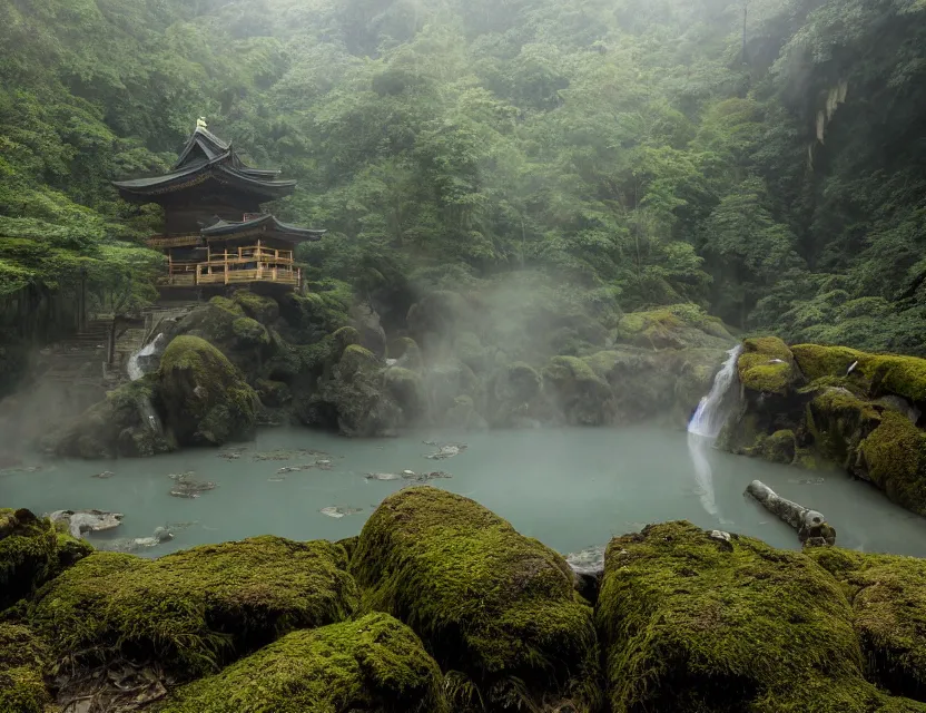 Image similar to a cinematic photo of epic ancient japanese hot springs temples on the top of a mountain in a misty bamboo cloud forest with waterfalls in winter