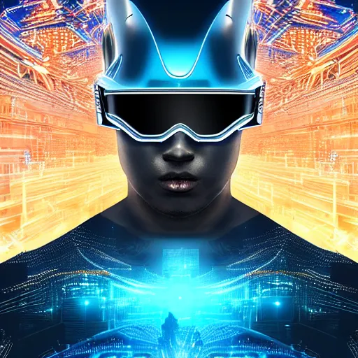 Prompt: techno god wearing a blue glass eye visor surrounded by futuristic city, high tech, blue light, ultra detailed, intricate, digital art, 4 k, golden ratio, - n 4