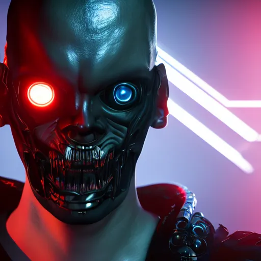 Image similar to evil cyberpunk dark lord, highly detailed, photorealistic portrait, bright studio setting, studio lighting, crisp quality and light reflections, unreal engine 5 quality render