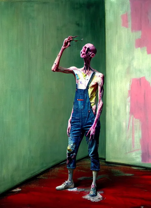 Prompt: an insane, skinny, artist wearing dirty, torn overalls, expressive painting the walls inside a grand messy studio, depth of field, hauntingly surreal, highly detailed painting by francis bacon, edward hopper, adrian ghenie, glenn brown, soft light 4 k in pink, green and blue colour palette, cinematic composition, unreal engine,