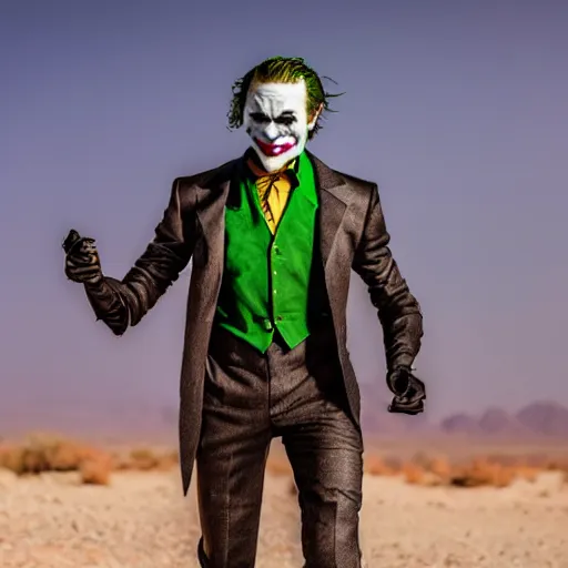 Image similar to A professional picture of the joker wearing a suit of enclave advanced power armor in the desert, 8k, dslr, cinematic, depth of field,