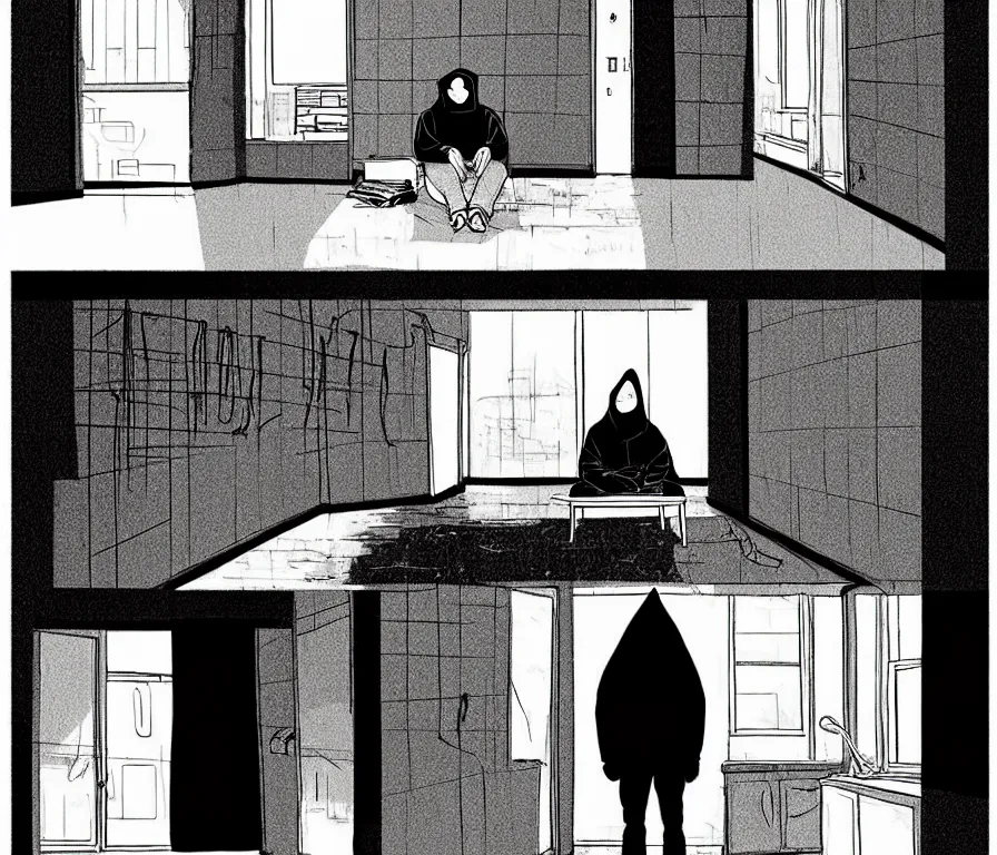 Image similar to todd solondz in hoodie lonely at his empty apartment, knees tucked in | rain falls at night : storyboard, realistic. by gabriel hardman, joe alves, j. todd anderson, chris bonura. cinematic atmosphere, detailed and intricate, perfect anatomy