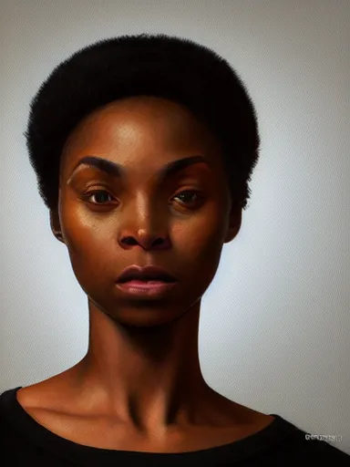 Prompt: portrait of a black woman wearing a dark shirt, upper body 2d game avatar, default pose neutral expression, face-on, close-up, eye-contact, Donato Giancola, chiaroscuro lighting, vibrant expressive colours, shape language, Alphonse Mucha/Gustav Klimt style, alpha masked transparent flat grey background, 4k, volumetric lighting, French Nouveau, trending on artstation, octane render, hyperrealistic