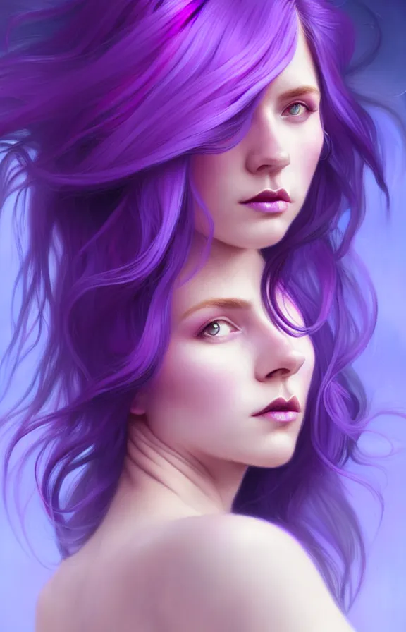 Image similar to Purple hair relistic Portrait of a woman with bright colored flying hair, all shades of purple. Hair coloring, long hair, blue eyes, fantasy, intricate, elegant, highly detailed, digital painting, artstation, concept art, smooth, sharp focus, illustration, art by artgerm and greg rutkowski and alphonse mucha