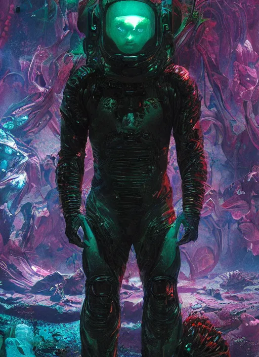 Image similar to astronauts in dark void underwater - complex and hyperdetailed suit. reflection and dispersion materials. rays and dispersion of light. glowing lights. volumetric light. f / 3 2. noise film photo. flash photography. ultra realistic, wide angle. poster by wayne barlowe, hajime sorayama aaron horkey, craig mullins