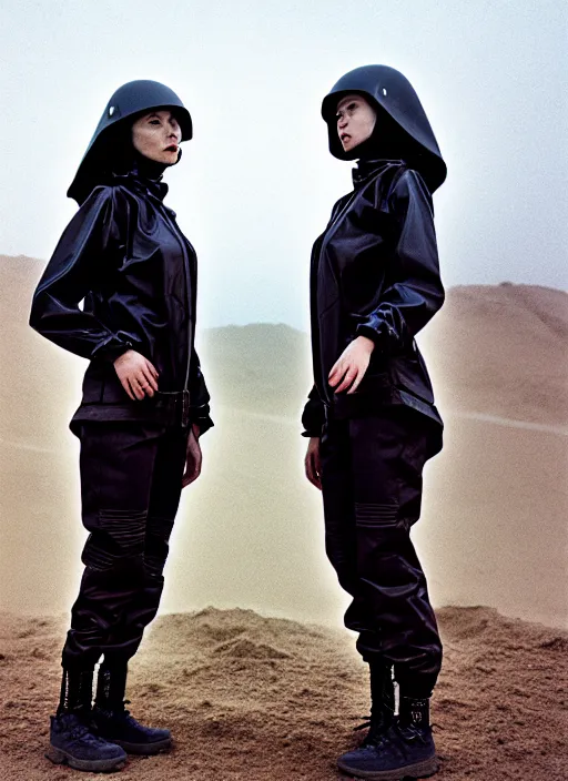 Image similar to cinestill 5 0 d photographic portrait of two loving clones, techwear women on a desolate plain, a brutalist dark metal facility in the background, sandstorm, depth of field, 4 k, 8 k, hd, full color