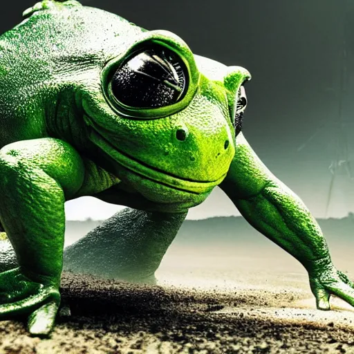 Image similar to Alex Jones bent over on all fours in the foreground. A big green toad stands behind him with an intense look on its face. hyper realistic, dynamic pose, high detail, octane render, unreal engine, 8k, fantasy art, highly detailed, dramatic lighting, concept art