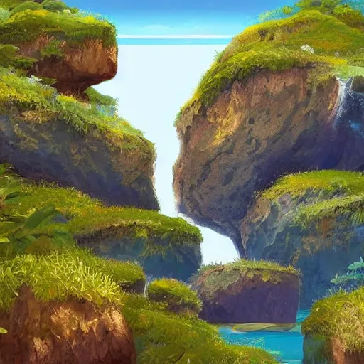 Image similar to an island floating in the air, the island is rocky and bare with some vegetation, waterfalls left from the island flowing into the sea, highly detailed, animated, lovely, dreamy, morandi colour scheme, strong light and shadow atmosphere, painted by ghibli