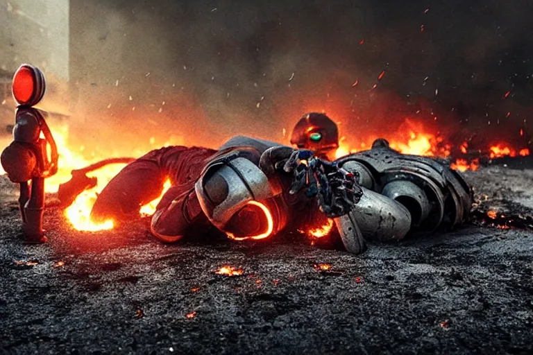 Image similar to vfx film closeup, dead robot couple on the ground holding hands, city street tire tracks fire. flat color profile low - key lighting award winning photography arri alexa cinematography, hyper real photorealistic cinematic atmospheric cool colorgrade