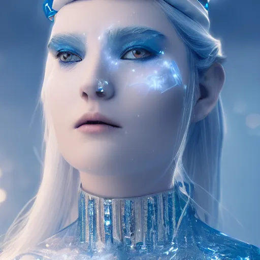 Image similar to ice goddess with beautiful face with a glowing blue crystal on her forehead, frosty white eyes, winter mist around her, white plated armor, pale skin, white smoke + photorealism, octane render, frostbite, 8 k, cinematic, 3 5 mm, aspect ratio