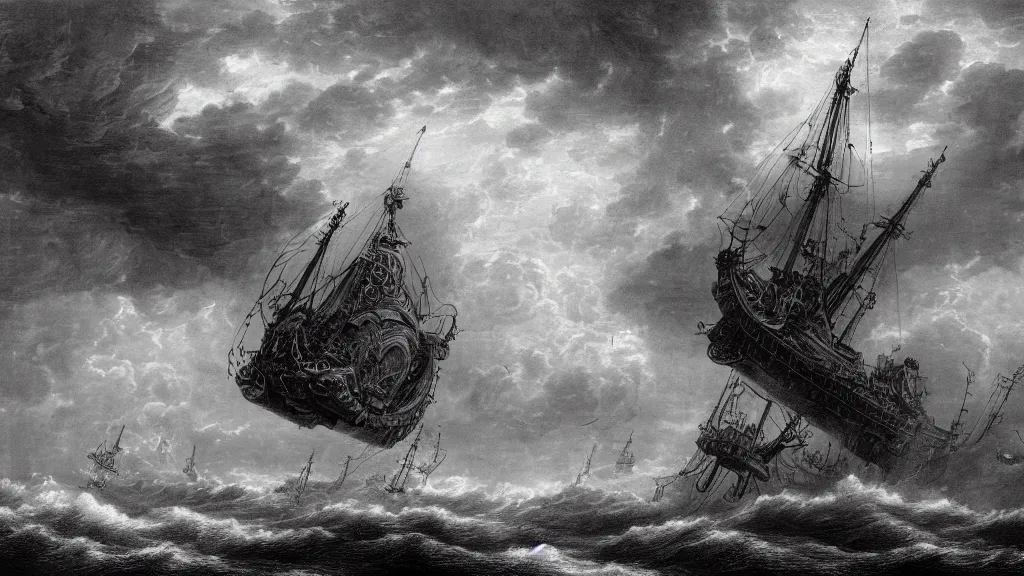 Image similar to drawing of a giant steampunk airship above a stormy ocean, by gustave dore, nineteenth century, black and white, vintage, science fiction, epic composition, dramatic lighting, highly detailed, cinematic